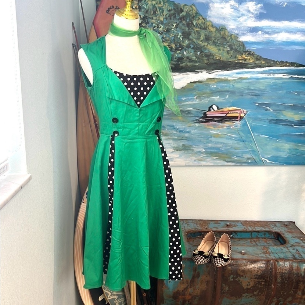 Killreal, Fantastic Emerald Polka-Dot Fit & Flare Cotton Dress EUC Size M - Picture 3 of 15